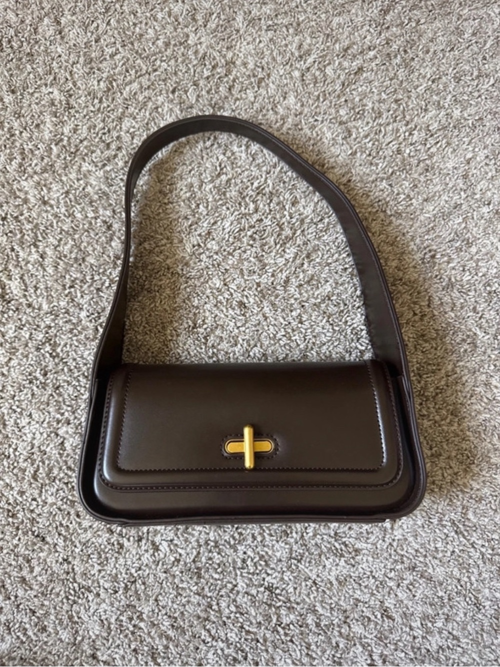 Classic Dark Brown Leather Shoulder Bag with Gold Turn-Lock